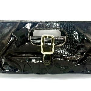Apt. 9 Black Faux Gator Croc Embossed Clutch Purse 90s Style Gold Buckle 15x6